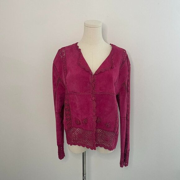 Vintage Magenta Suede Crochet LAce Jacket- Boho Y2K Romantic Style, Size Large - Picture 1 of 8